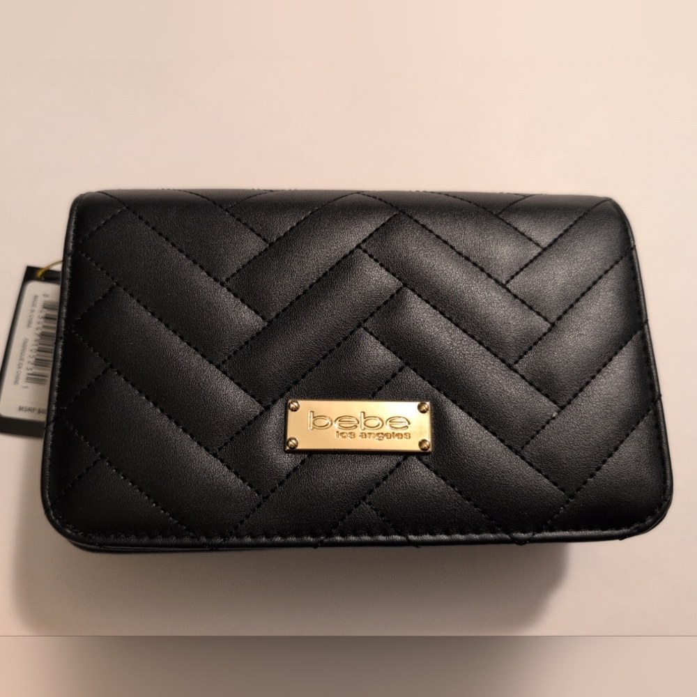 Bebe Black Quilted Clutch with Gold AccentsBebe Sophia Crossbody Small Black Bag